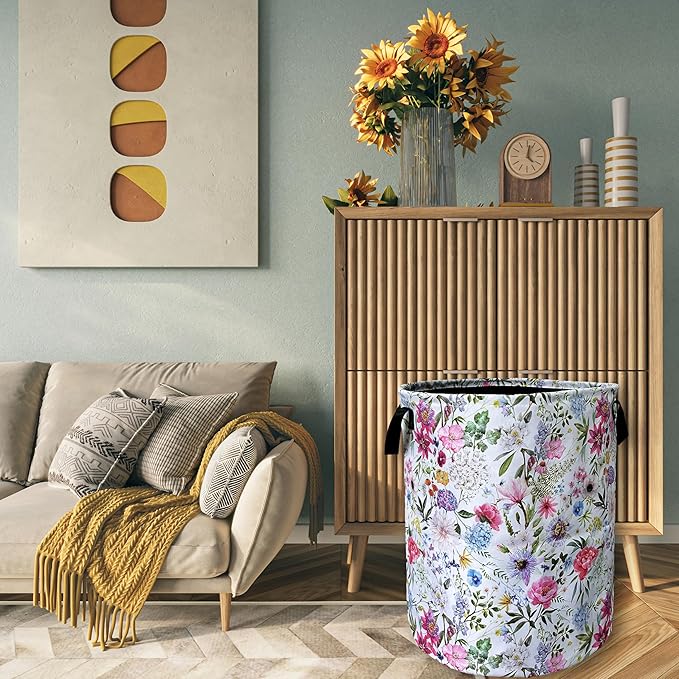 Watercolor Flower Floral Laundry Basket Foldable With Handles Tote Bag Oxford Cloth Colorful Laundry Hamper Clothes Storage Bucket Toy Organizer 18.9" x 16.5" For Bathroom/Laundry/Bedroom