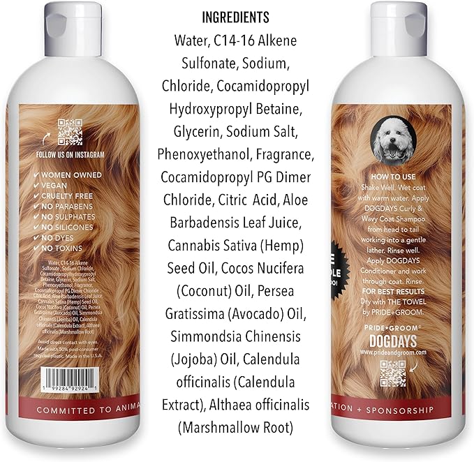 Pride and Groom DogDays Curly + Wavy Grooming Shampoo | Tearless, All-Natural Shampoo for No and Low Shedding Dogs | Moisturizing Formula for Soft, Shiny, & Healthy Fur – 16 oz