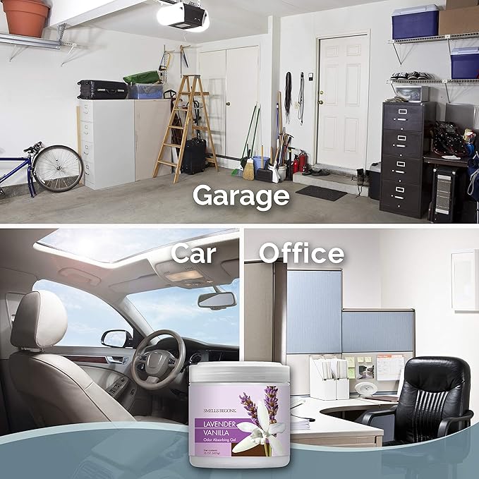 SMELLS BEGONE Air Freshener Odor Absorber Gel - Absorbs Odor from Bathrooms, Cars, Pet Areas, Boats and RVs - Made with Essential Oils - Lavender Vanilla Scent - 15 Ounce