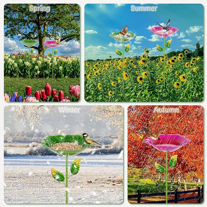 2 Pack Bird Bath for Outside, 31.3" H Metal Birdbaths, 10.63" Dia Garden Flower Bird Water Bowl, Freestanding Hummingbird Bath for Outdoors Garden Patio Yard Decor (Red,Green)