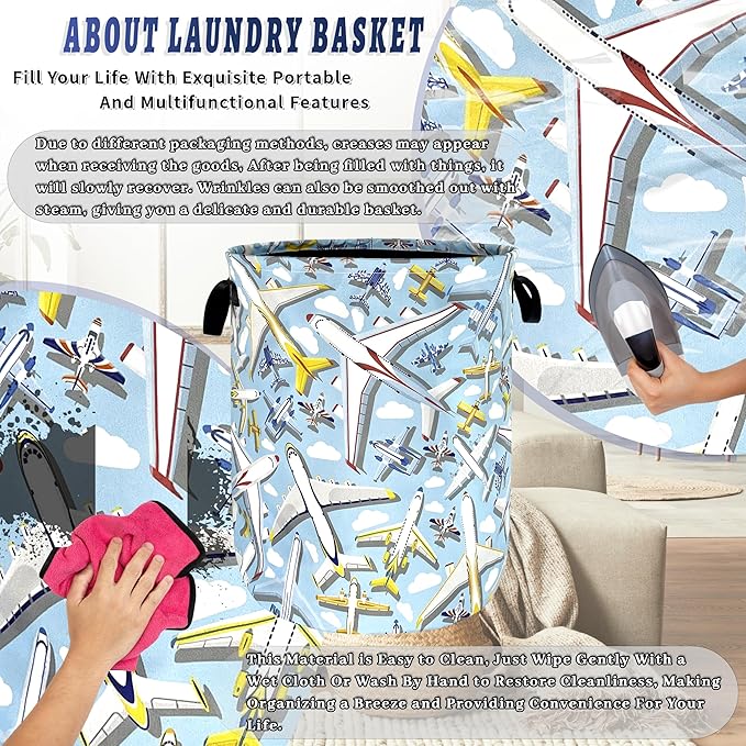 Cartoon Plane Laundry Basket Foldable Funny Laundry Hamper With Handle Oxford Cloth Portable Clothes Storage Organizer Basket 18.9"x16.5" Laundy Bag For Laundry Room/Bedroom/Bathrooms