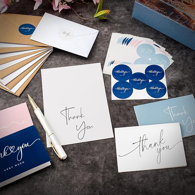 100 Multicolored Thank You Cards with Kraft Envelopes and Stickers - 4 Modern Designs for Wedding, Graduation, Business, Baby Shower