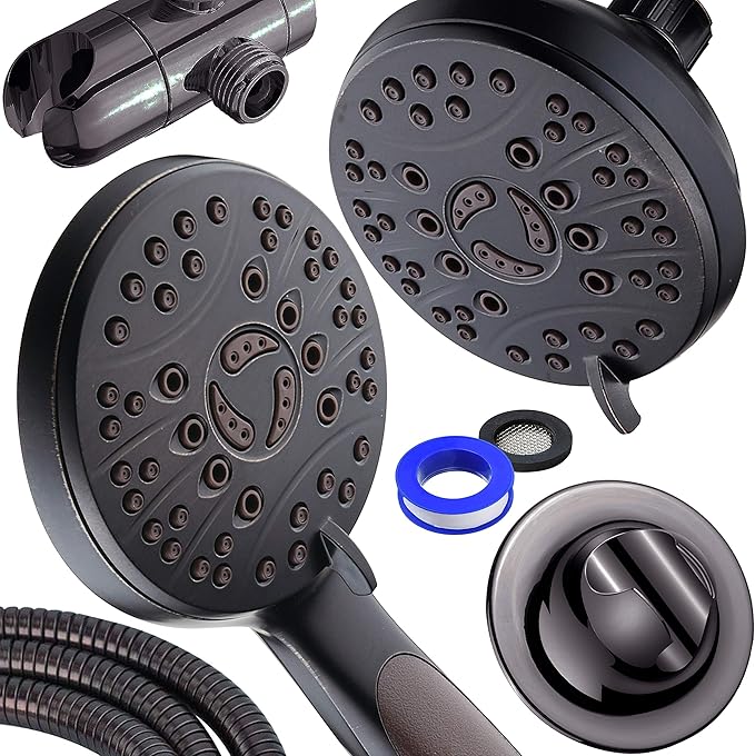 High Pressure 48-mode Luxury 3-way Combo – Dual Rain & Handheld Shower Head – 6 Foot Stainless Steel Hose – Anti Slip Grip – All Oil Rubbed Bronze Finish – Top US Brand – Extra Wall Bracket