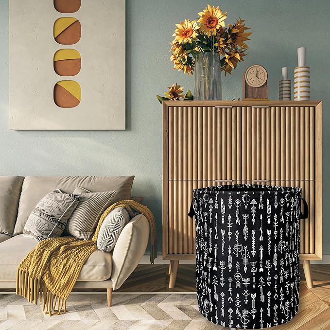 Black White Adventure Arrow Laundry Basket Foldable With Handles Tote Bag Oxford Cloth Funny Laundry Hamper Clothes Storage Bucket Toy Organizer 18.9" x 16.5" For Bathroom/Laundry/Bedroom