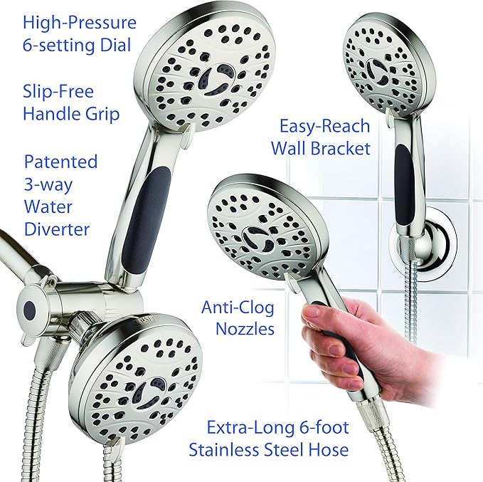 High Pressure 48-mode Luxury 3-way Combo – Dual Rain & Handheld Shower Head – 6 Foot Stainless Steel Hose – Anti Slip Grip – All Brushed Nickel Finish – Top US Brand – Extra Wall Bracket