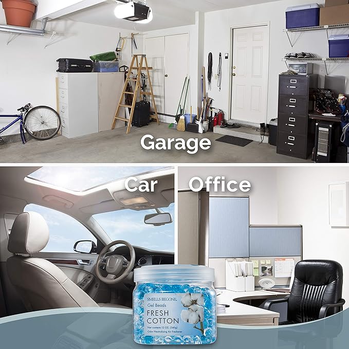 SMELLS BEGONE Odor Eliminator Gel Beads - Air Freshener - Eliminates Odor in Bathrooms, Cars, Boats, RVs & Pet Areas - Made with Essential Oils - Fresh Cotton Scent - 12 Ounce