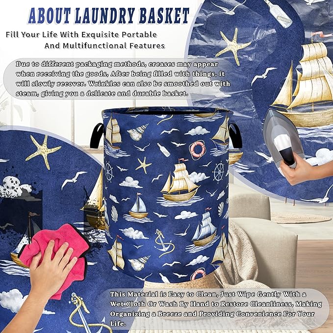 Funny Laundry Basket Foldable Nautical Laundry Hamper With Handle Oxford Cloth Portable Clothes Storage Organizer Basket 18.9"x16.5" Laundry Bag For Laundry Room/Bedroom/Bathrooms