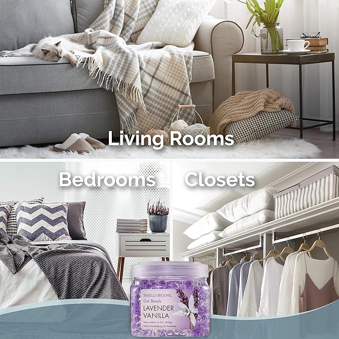 SMELLS BEGONE Odor Eliminator Gel Beads - Air Freshener - Eliminates Odor in Bathrooms, Cars, Boats, RVs & Pet Areas - Made with Essential Oils - Lavender Vanilla Scent - 12 Ounce