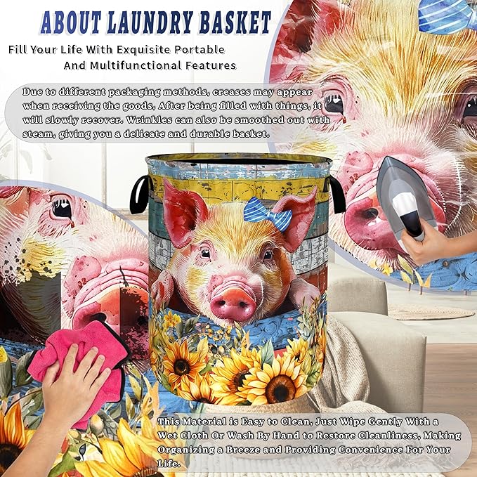 Cute Pig Laundry Basket Foldable Floral Sunflowers Animal Laundry Hamper With Handle Oxford Cloth Portable Clothes Storage Organizer Basket 18.9"x16.5" Laundry Bag For Laundry Room/Bedroom/Bathrooms