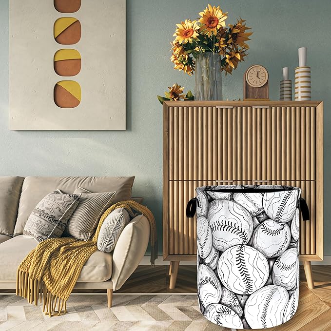 Black White Baseball Pattern Laundry Basket Foldable Oxford Cloth Baseball Laundry Hamper With Handle Portable Clothes Storage Basket 18.9 X 16.5 Inch Storage Bag For Laundry Room/Bathroom/Bedroom