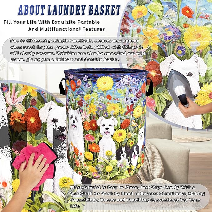 Watercolor Flowers Animal Dogs Laundry Hamper Oxford Cloth Dog Funny Laundry Basket With Handle Portable Clothes Storage Basket Foldable Laundry Bag 18.9"x16.5" For Laundry Room/Bedroom/Bathrooms