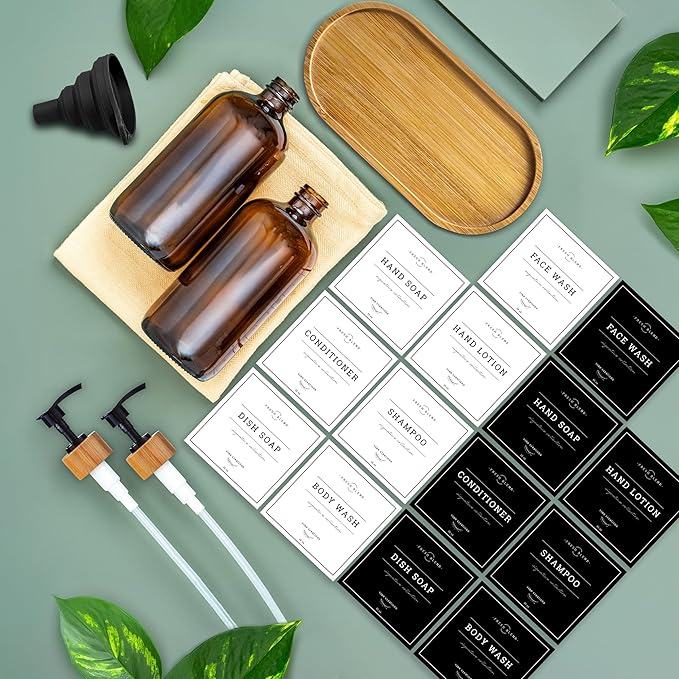 Vine Creations Amber Glass Soap Dispenser Set - Kitchen Soap Dispenser Set with Tray - Bamboo Dish Soap and Hand Soap Dispensers Set for Bathroom - Modern Kitchen Decor with Waterproof Labels