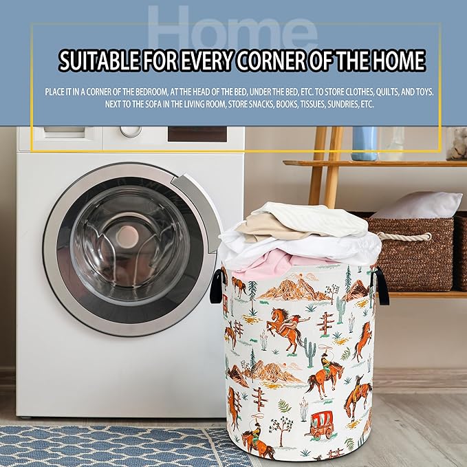 Western Cowboy Laundry Basket Horse Riding Foldable Waterproof Oxford Cloth Funny Tote Bag Laundry Hamper Clothes Storage Bucket Toy Organizer For Bathroom/Laundry Storage/Bedroom 18.9x16.5 Inch
