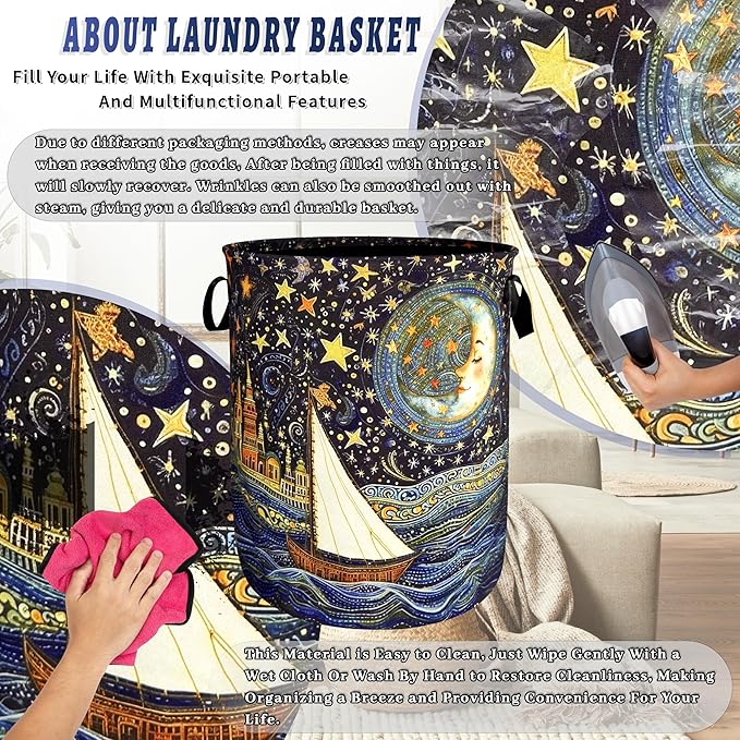 Watercolor Starry Sky Laundry Hamper Oxford Cloth Colorful Moon Laundry Basket With Handle Portable Clothes Storage Basket Foldable Laundry Bag 18.9"x16.5" For Laundry Room/Bedroom/Bathroom