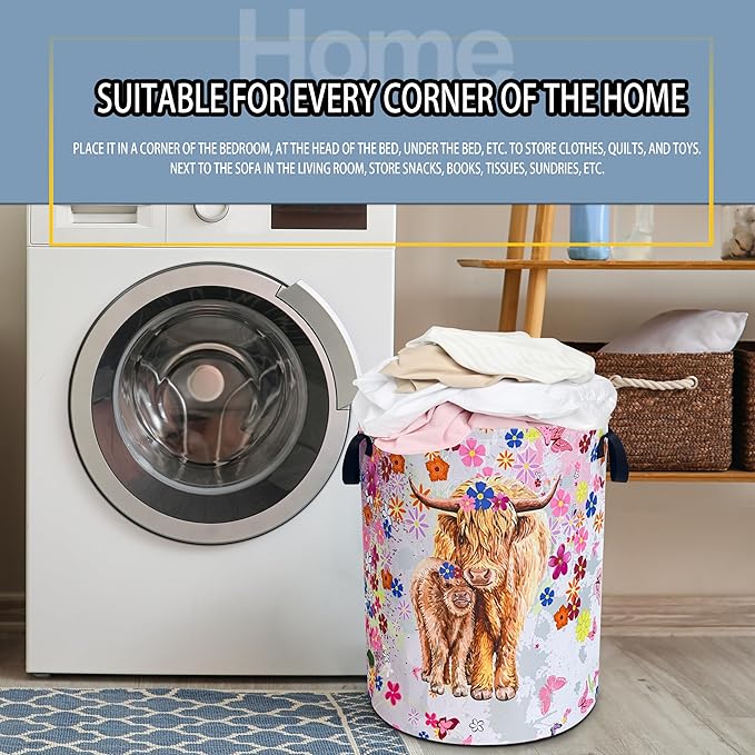 Highland Cow Laundry Basket Cute Cattle Foldable Waterproof Oxford Cloth Funny Tote Bag Laundry Hamper Clothes Storage Bucket Toy Organizer For Bathroom/Laundry Storage/Bedroom 18.9x16.5 Inch