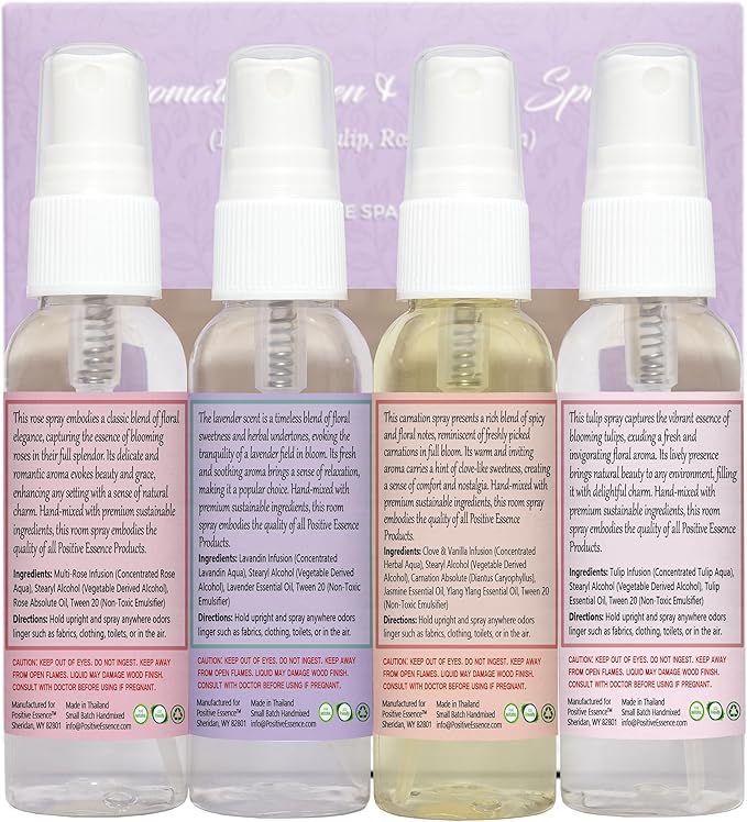 Linen and Room Spray Floral Gift Set, 4-Pack 60 mL (Lavender, Carnation, Rose, & Tulip) Natural Pillow Sprays Made with Pure Essential Oils & Minimal Ingredients, Bathroom Spray or Room Mist
