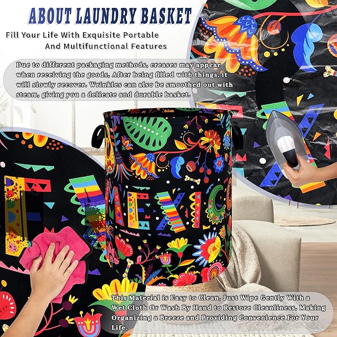 Mexico Laundry Basket Foldable Colorful Hippie Floral Laundry Hamper With Handle Oxford Cloth Portable Clothes Storage Organizer Basket 18.9"x16.5" Laundry Bag For Laundry Room/Bedroom/Bathrooms