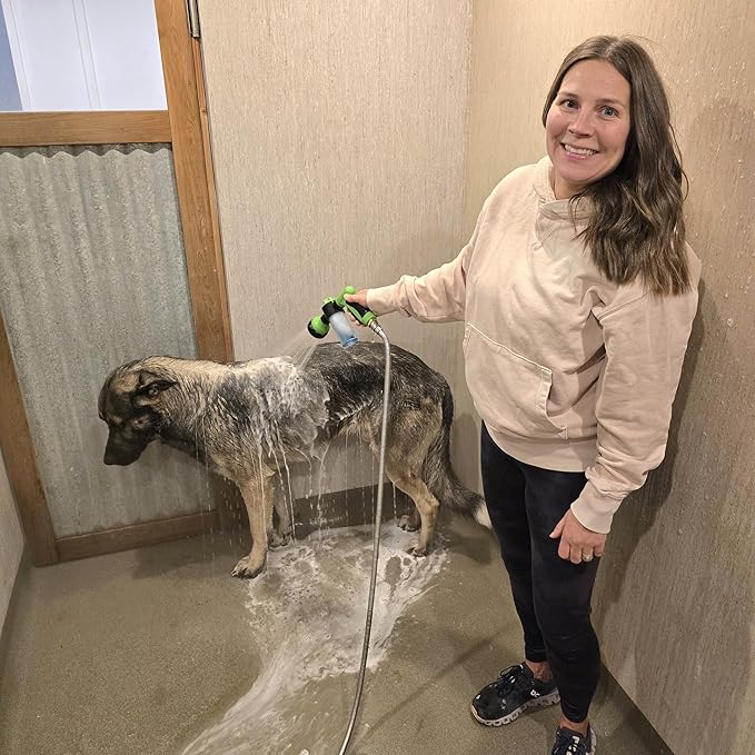 The Original Pup Jet Dog Washing Hose Attachment with Soap Dispenser โ 8-in-1 Fur Sweep Shower Attachment & Shampoo Sprayer for Dog Wash, Bath, and Grooming Perfect Pet Care