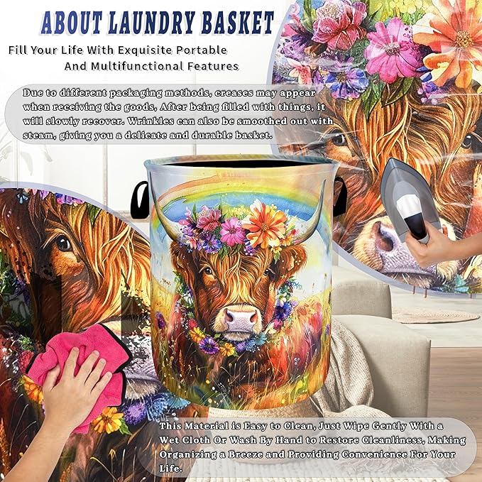 Watercolor Highland Cow Laundry Hamper Oxford Cloth Animal Flowers Laundry Basket With Handle Portable Clothes Storage Basket Foldable Laundry Bag 18.9"x16.5" For Laundry Room/Bedroom/Bathroom