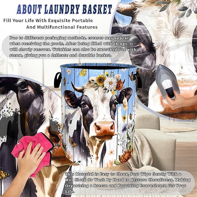 Cute Animal Cows Laundry Basket Foldable Colorful Flowers Laundry Hamper With Handle Oxford Cloth Portable Clothes Storage Organizer Basket 18.9"x16.5" Laundry Bag For Laundry Room/Bedroom/Bathrooms