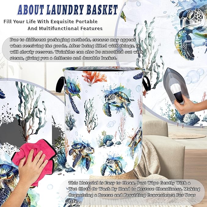 Sea Turtles Laundry Basket Foldable Ocean Animal Turtle Laundry Hamper With Handle Oxford Cloth Portable Clothes Storage Organizer Basket 18.9"x16.5" Laundry Bag For Laundry Room/Bedroom/Bathrooms