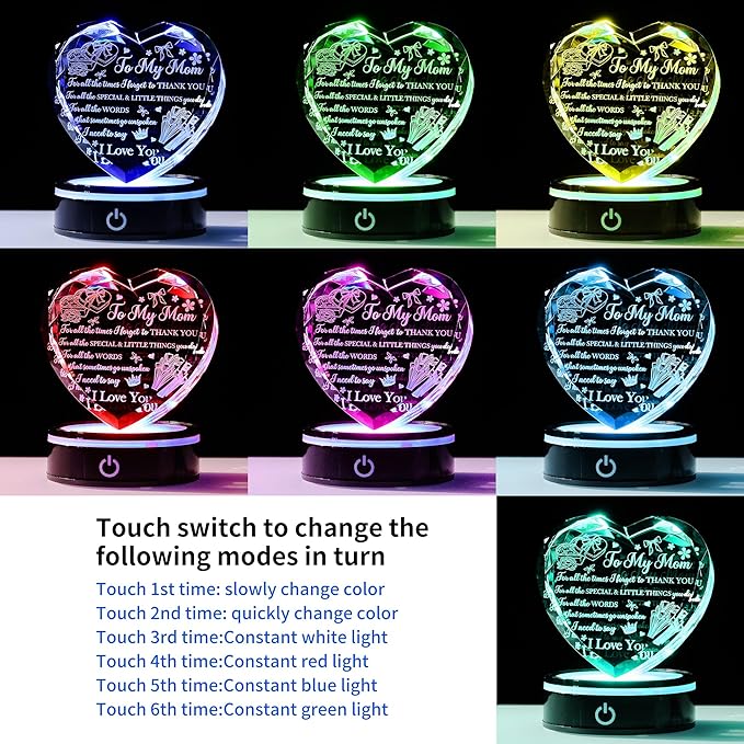 to My Mom Crystal Heart Gift with LED Base - A Mother's Love is Forever Laser Engraved Message, Meaningful Birthday Mother's Day Gift from Daughter Son, Thanksgiving Christmas Keepsake