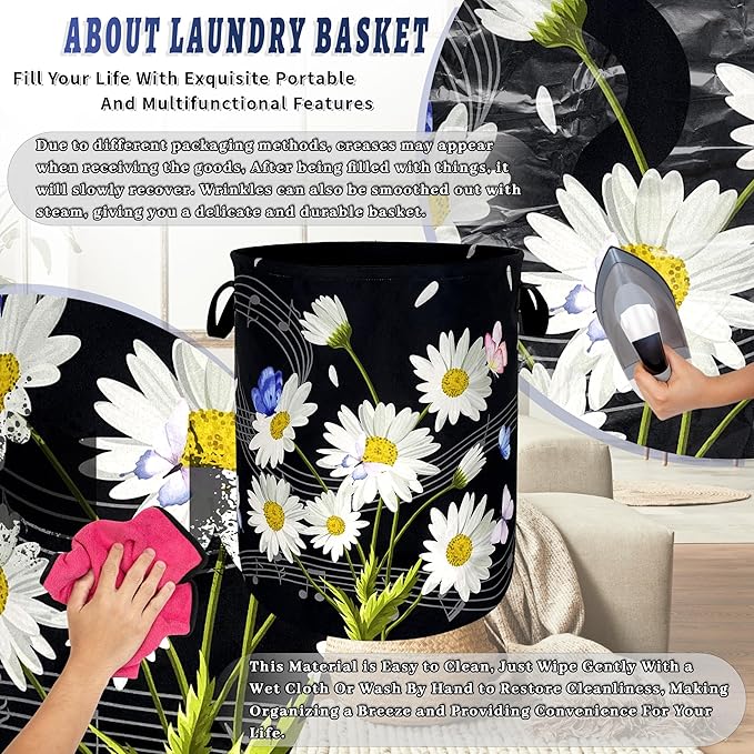 Cute Daisy Laundry Basket Foldable Floral Music Notes Laundry Hamper With Handle Oxford Cloth Portable Clothes Storage Organizer Basket 18.9"x16.5" Laundry Bag For Laundry Room/Bedroom/Bathrooms