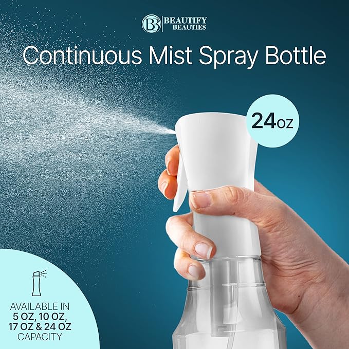 BeautifyBeauties Spray Bottle For Hair – Continuous Mister Spray Bottle for Hairstyling, Cleaning, Plants, Pets, Barbers, Salons, Essential Oil Scents (24 Ounce)