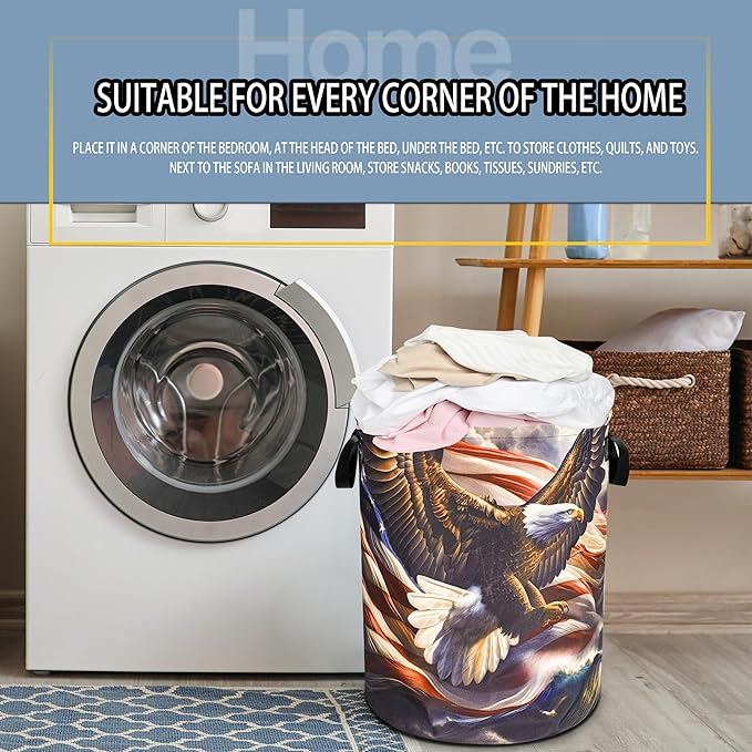 American Flag Bald Eagle Laundry Basket Foldable Oxford Cloth Funny Tote Bag Laundry Hamper Clothes Storage Bucket Toy Organizer For Bathroom/Laundry Storage/Bedroom 18.9x16.5 Inch