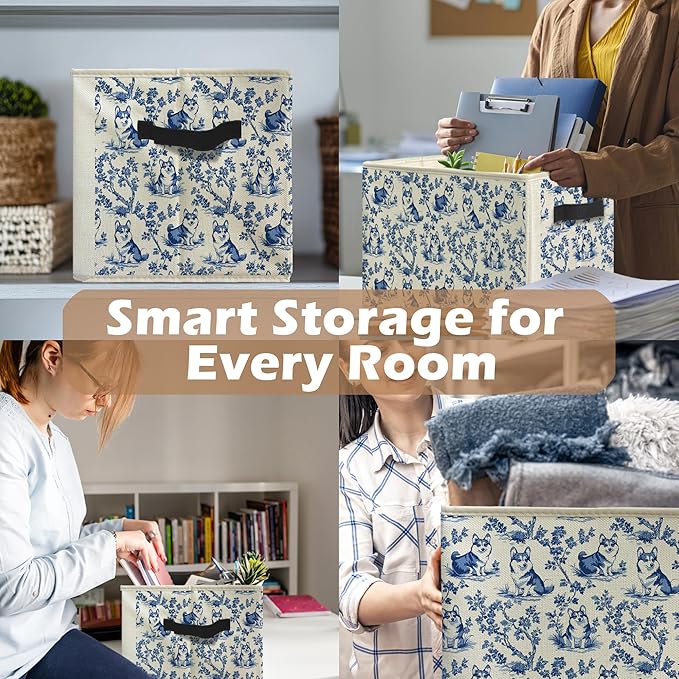 Vintage Blue Chinoiserie Corgi Dog Storage Bins, Corgi Lover Gifts, French Country Toile Dog Collapsible Storage Box Laundry Basket with Handle for Bedroom Bathroom Office Clothes Toys Books