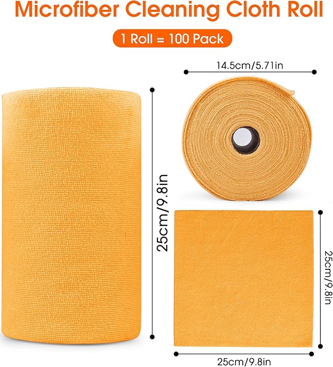 Roll of Microfiber Cleaning Cloth –100 Pack, Tear Away Microfiber Towels, Reusable, Washable, Scratch-Free, Cleaning Supplies, Kitchen Towels for Car, Home, Kitchen (Tangerine Yellow)