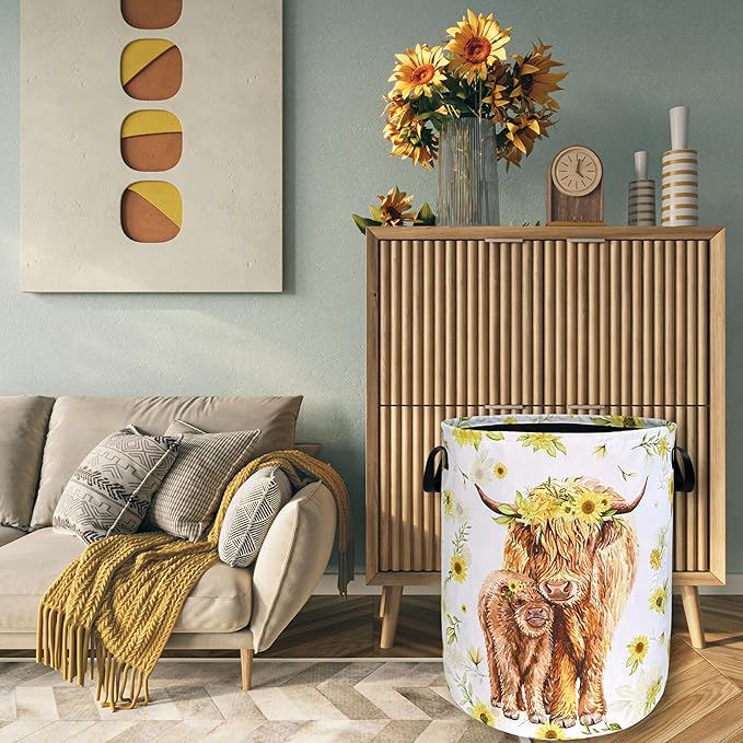 Highland Cow Laundry Hamper Sunflower Flowers Laundry Basket With Handles Foldable Oxford Cloth Colorful Tote Bag Clothes Toy Storage Bucket 8.9" x 16.5" For Bathroom/Laundry/Bedroom