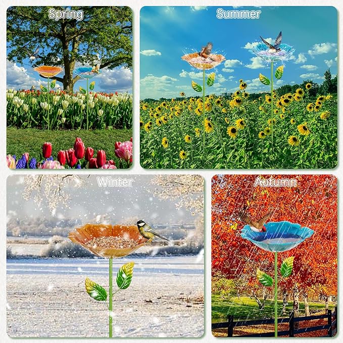 2 Pack Bird Bath for Outside, 31.3" H Metal Birdbaths, 10.63" Dia Garden Flower Bird Water Bowl, Freestanding Hummingbird Bath for Outdoors Garden Patio Yard Decor (Blue,Yellow)