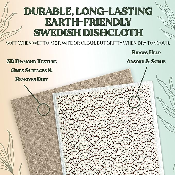 FEBU Swedish Dishcloths for Kitchen | 5 Pack Fresh Flowers Reusable Paper Towels Washable | Swedish Dish Towels | Non-Scratch Cellulose Sponge Cloths | No Odor, Biodegradable Cleaning Cloths