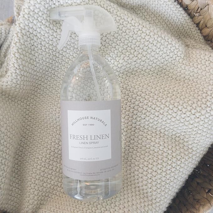 Hillhouse Naturals 1 liter Fresh Linen linen Mist. Aromatherapy Spray for Relaxation and Sleep. With scents of lemon and orange interwoven with bergamot, rose, jasmine and musk. Made in the USA