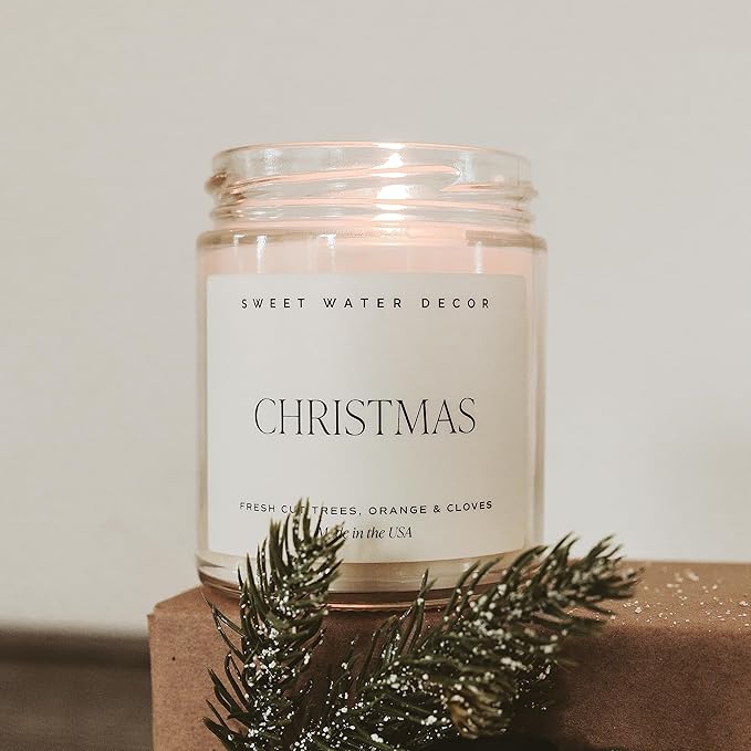 Sweet Water Decor Christmas Candle | Cinnamon, Trees, Orange, and Clove Scents | Christmas Candles and Decor for Home | 9oz. Clear Jar Soy Candle, Made in The USA