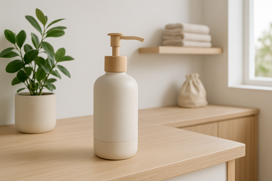 Minimalist ceramic refill bottle with a matte finish placed on a wooden countertop, styled with natural light, neutral tones, and modern home decor.