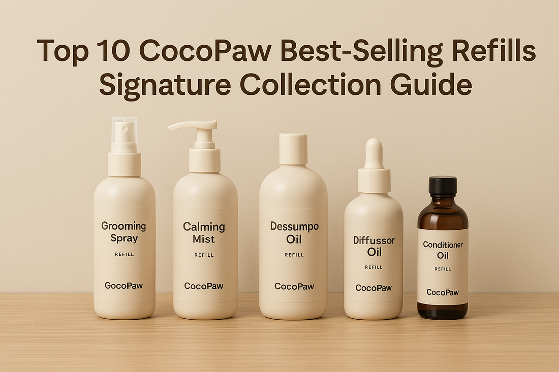 Wide thumbnail featuring CocoPaw best-selling refill products—grooming spray, calming mist, pet shampoo, diffuser oil, and conditioner—arranged neatly in a minimalist beige setting.