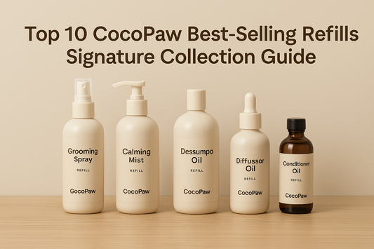 Wide thumbnail featuring CocoPaw best-selling refill products—grooming spray, calming mist, pet shampoo, diffuser oil, and conditioner—arranged neatly in a minimalist beige setting.