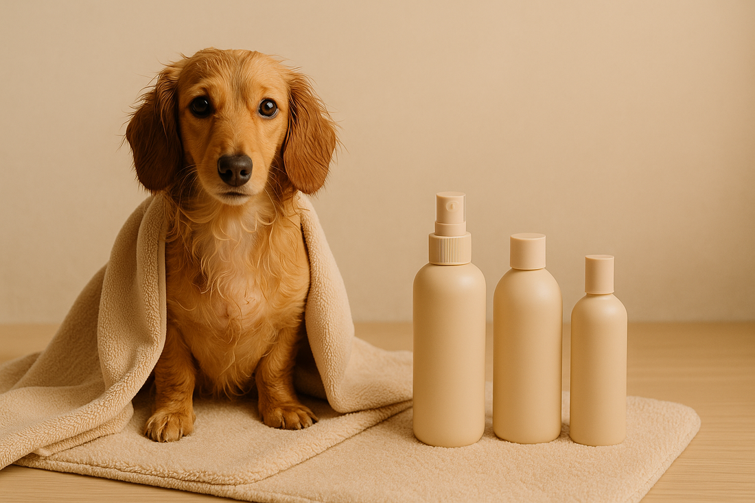 A freshly bathed small golden dog wrapped in a soft beige towel, sitting calmly beside minimalist refill bottles on a warm, neutral-toned surface.