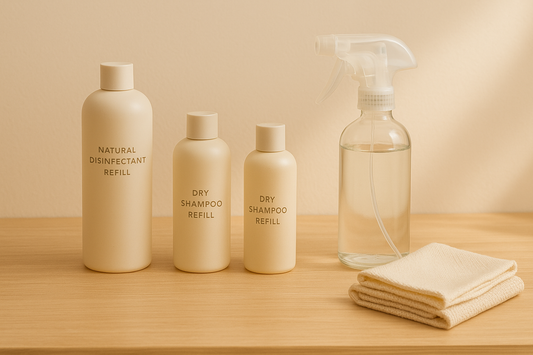 Eco-friendly cleaning products displayed on a wooden surface, including natural refill bottles, a clear spray bottle, and folded reusable cloths in warm natural lighting.
