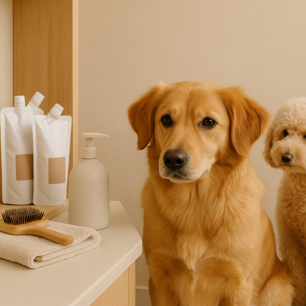 Two freshly groomed dogs sitting beside eco refill bottles and pouches in a warm minimalist room