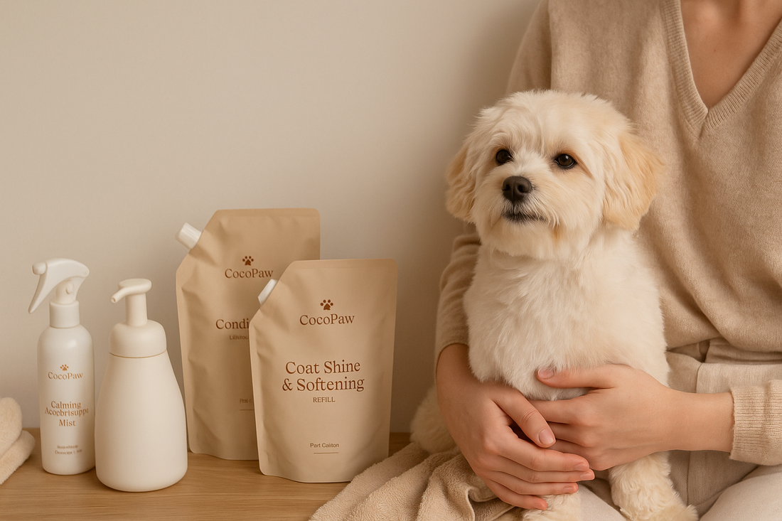 Freshly bathed dog with soft shiny coat sitting beside CocoPaw refill products in a warm minimalist setting