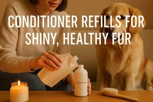 Thumbnail showing a person refilling a pet conditioner bottle while a Golden Retriever sits beside them, highlighting shiny coat care and healthy fur grooming