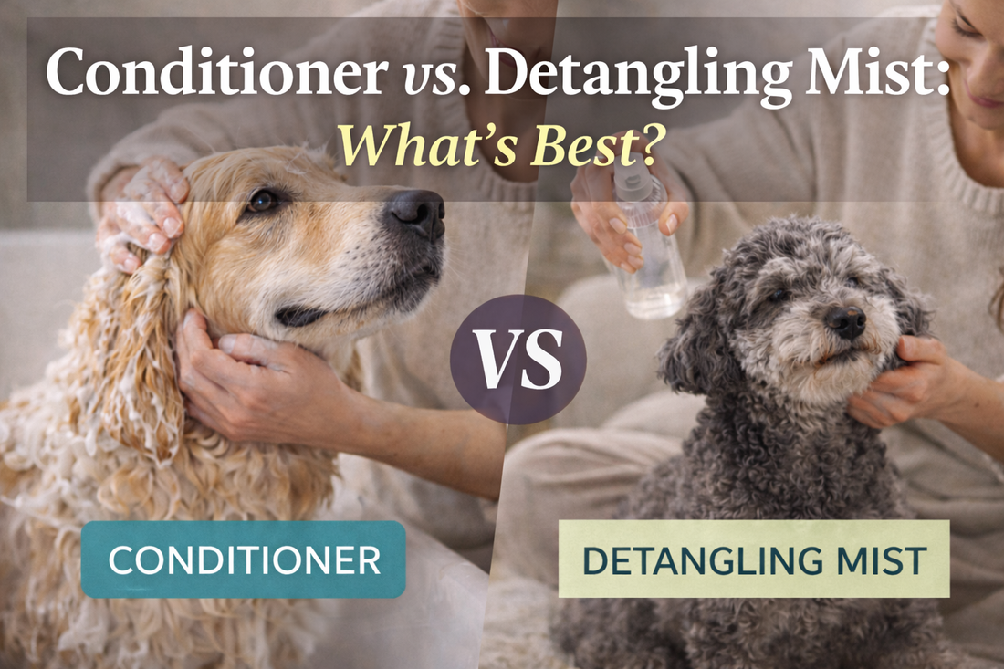 Wide thumbnail comparing pet conditioner and detangling mist, showing a dog being conditioned after a bath and another dog receiving detangling mist during grooming.