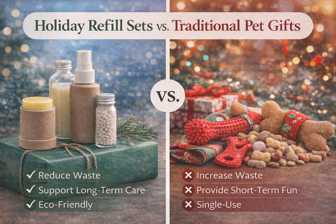 Comparison thumbnail showing refillable pet care holiday sets styled in a cool, minimalist festive scene contrasted with traditional pet gifts arranged in a warm holiday setting, highlighting sustainability versus short-term novelty.