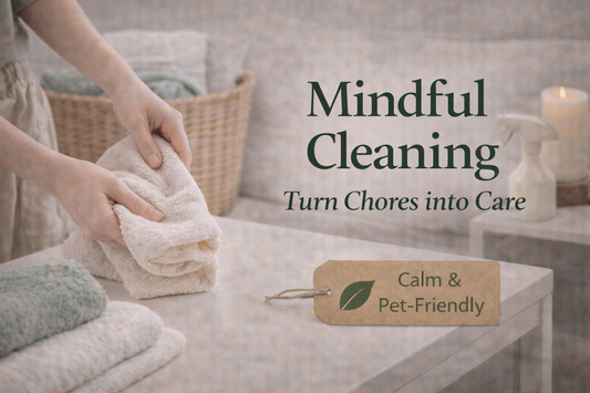 Wide thumbnail showing a calm, mindful cleaning moment with neatly folded towels and soft natural light, representing turning everyday chores into intentional care in a peaceful home.