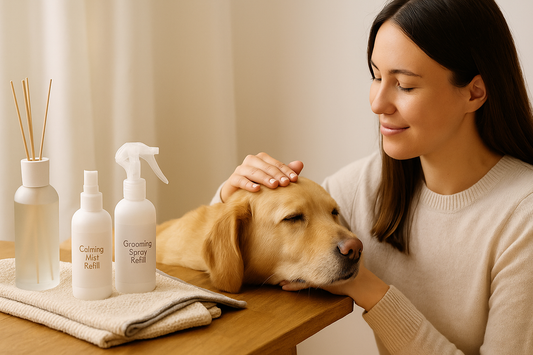 A woman gently petting her relaxed golden dog during a calm morning routine, with CocoPaw-style grooming spray and calming mist refills arranged beside them.