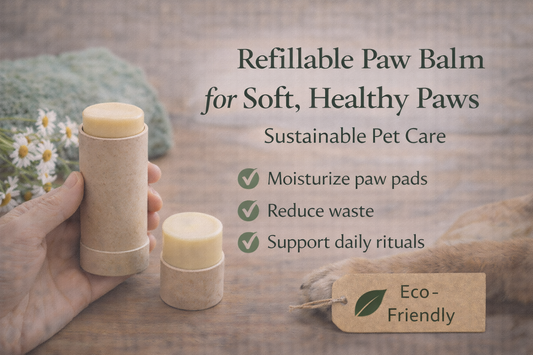 Wide thumbnail featuring refillable paw balm containers beside a dog’s paw, highlighting soft and healthy paws through sustainable, mindful pet care rituals