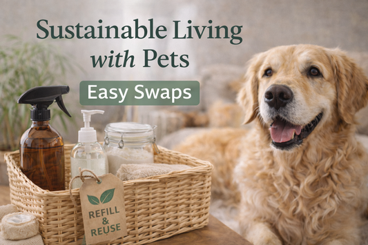 Wide thumbnail showing eco-friendly pet care products in refillable containers beside a relaxed golden retriever, representing sustainable living with pets and easy daily swaps.